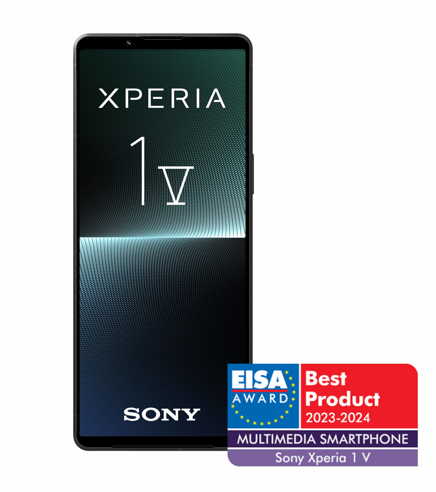 Smartfon Sony Xperia 1 V. Ekran wyświetla 'XPERIA 1 V' i logo. Odznaka nagrody za produkt.