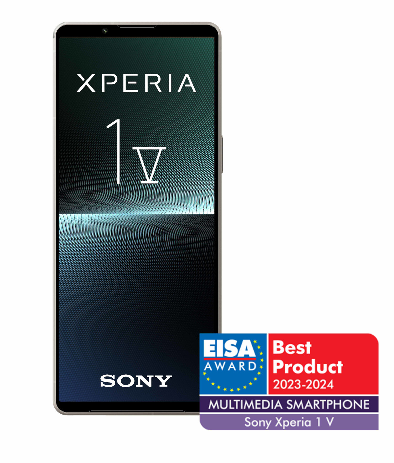 Smartfon ze słowem XPERIA, numerem 1V na ekranie i odznaką nagrody poniżej.