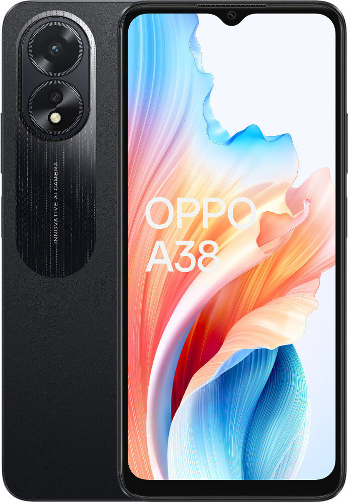 Czarny smartfon z dwoma tylnymi aparatami i marką OPPO A38.