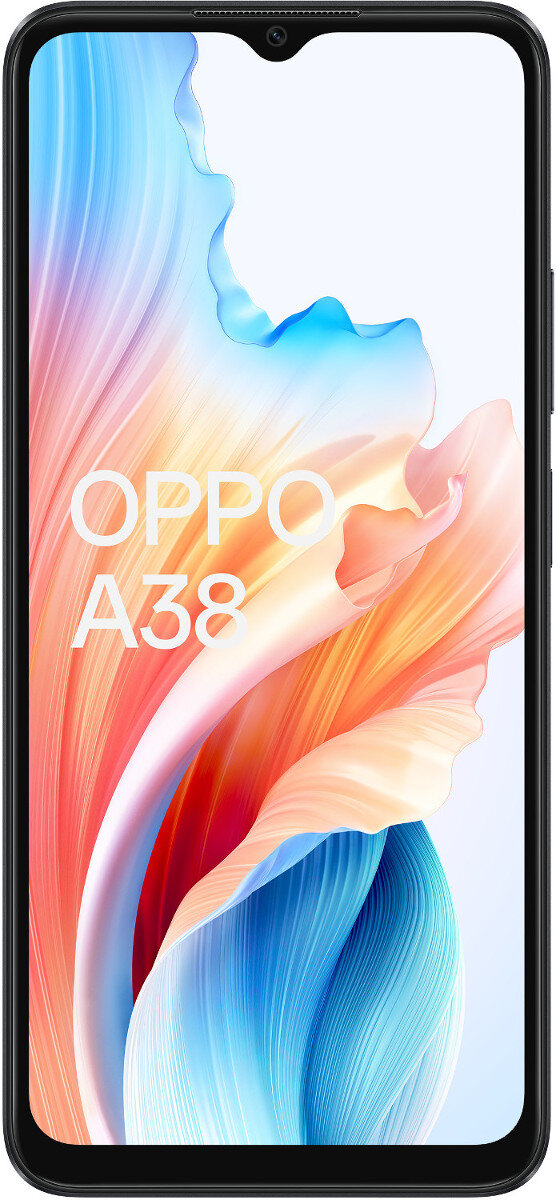 Smartfon OPPO A38 z kolorowym abstrakcyjnym wzorem na ekranie.