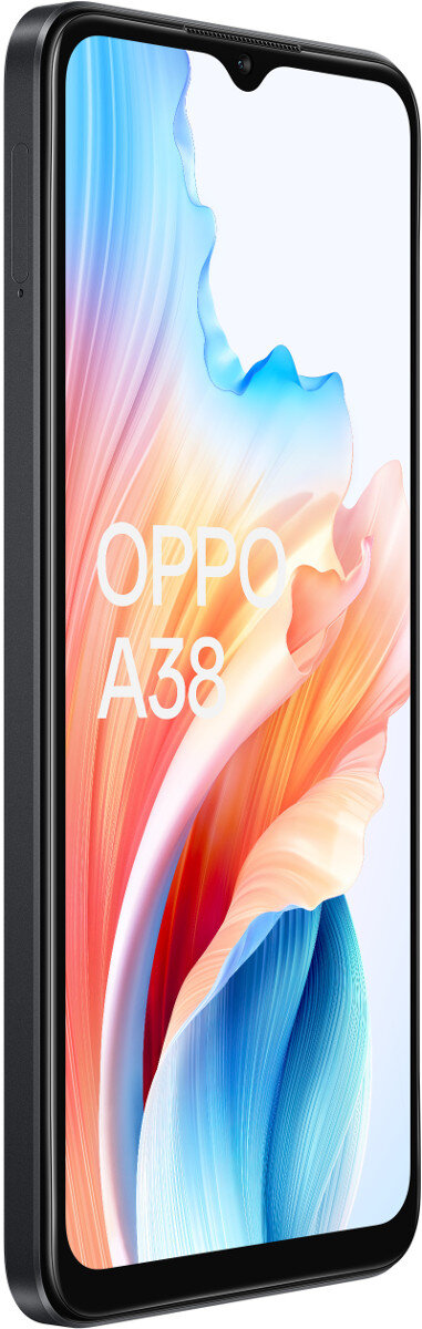 Czarny smartfon OPPO A38, widok pod kątem. Ekran wyświetla kolorowy, abstrakcyjny wzór.