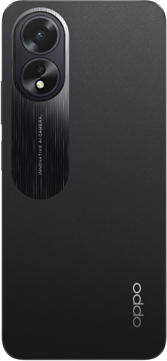 Czarny smartfon z dwoma aparatami z tyłu i logo Oppo poniżej.
