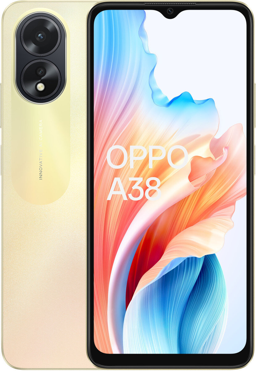 Złoty i biały smartfon Oppo A38. Tył ma aparat, a przód ekran.