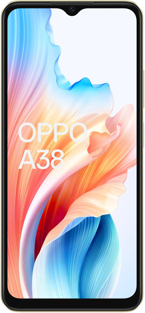 Wyświetlany jest smartfon. Jest złoty z dużym ekranem. Tekst "OPPO A38" jest biały na ekranie.