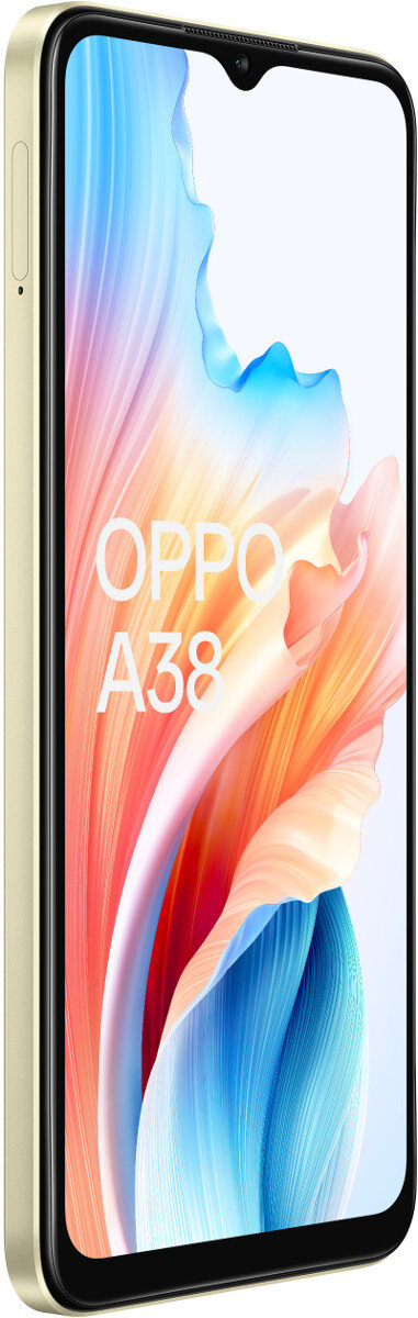 Złoty i beżowy smartfon Oppo A38, widok z boku, białe tło.
