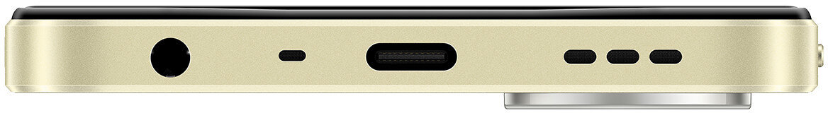 Zbliżenie na dolną stronę złotego telefonu z portami i głośnikiem.