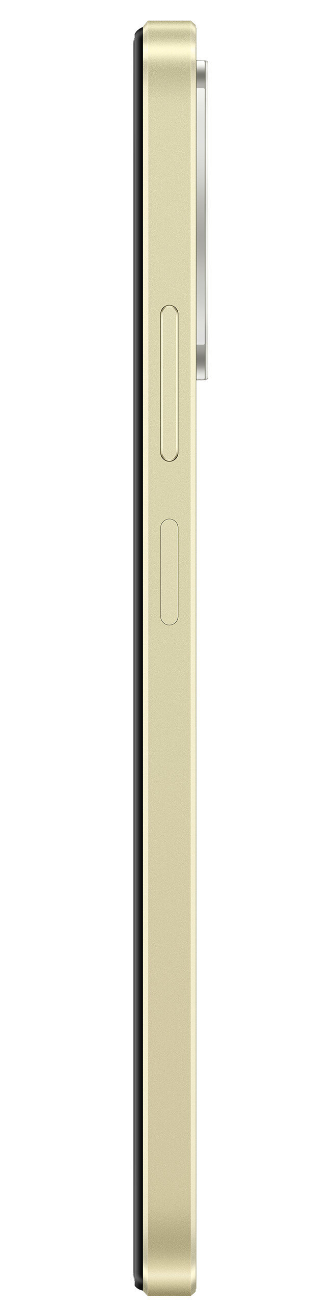 Widok z boku złotego smartfona. Telefon ma przyciski z boku i jest na białym tle.