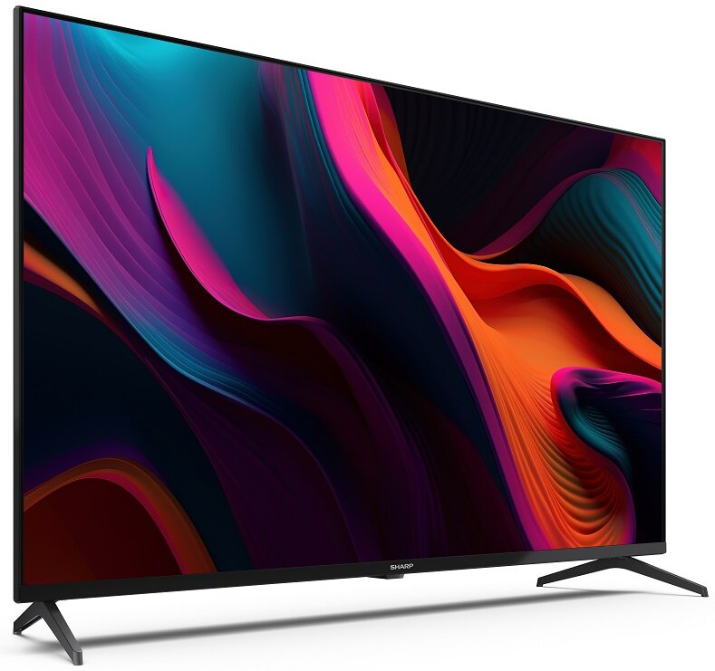 Telewizor z płaskim ekranem, czarną ramką i abstrakcyjnym, kolorowym wzorem na ekranie.
