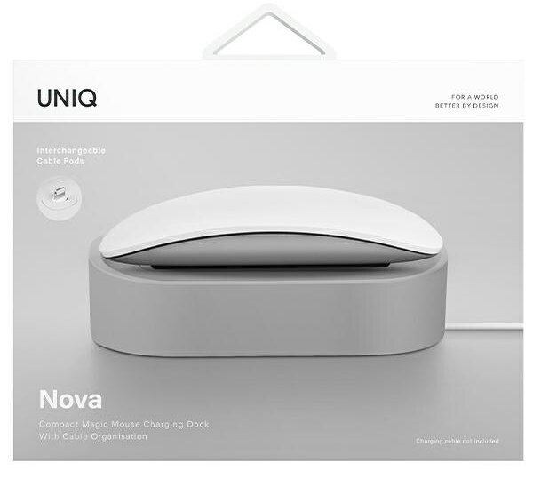 Biała mysz na szarej stacji ładującej. Pudełko produktu z logo UNIQ i nazwą produktu Nova.