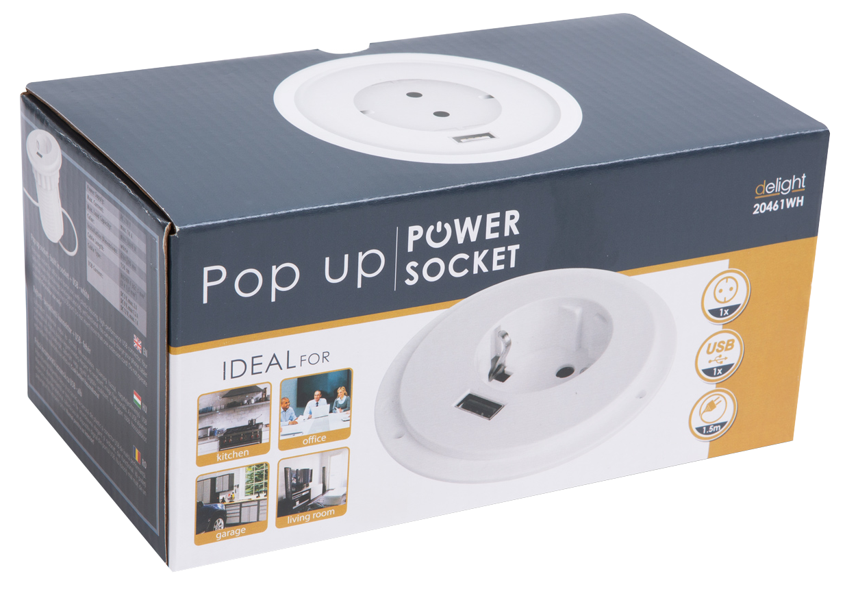 Felugró konnektor doboz fehér aljzattal, USB porttal és szöveggel, a 'delight' márkával.