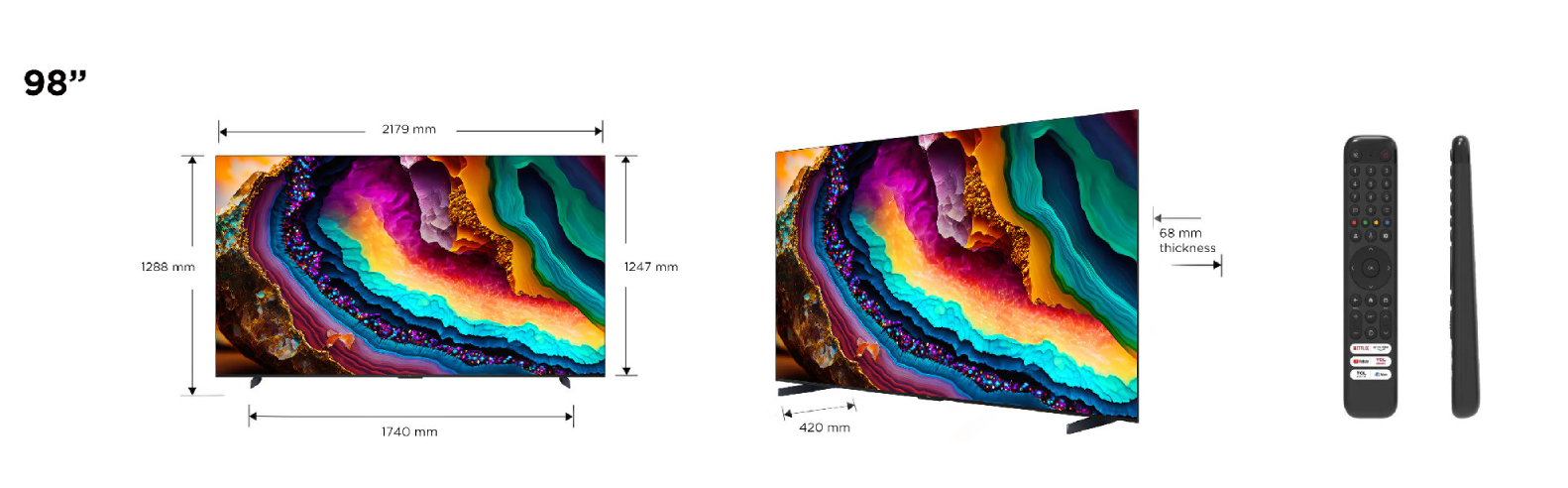 TV de 98 pulgadas con dimensiones y mando a distancia. El televisor muestra una imagen colorida.