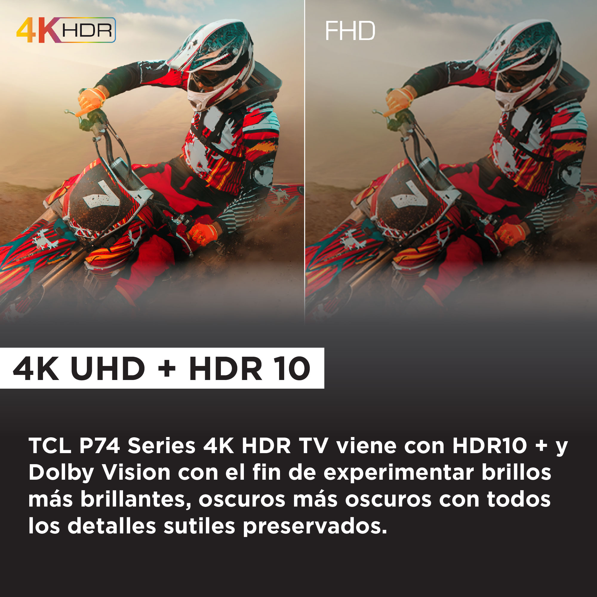 Dos pantallas lado a lado que muestran a un corredor de motocross. Una en 4K HDR, la otra en FHD.