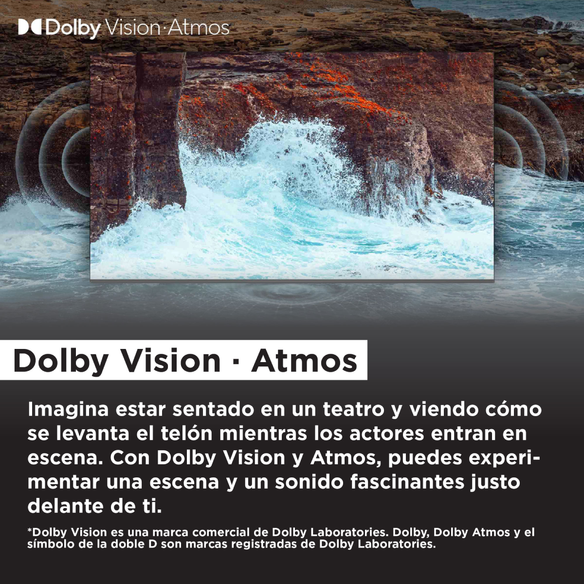 Una pantalla que muestra una escena de playa con olas marinas. Texto en la pantalla: Dolby Vision - Atmos.