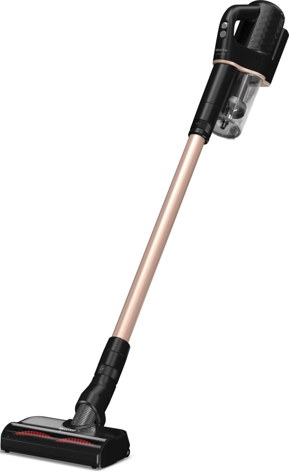 Un aspirateur sans fil noir et or rose sur fond noir.