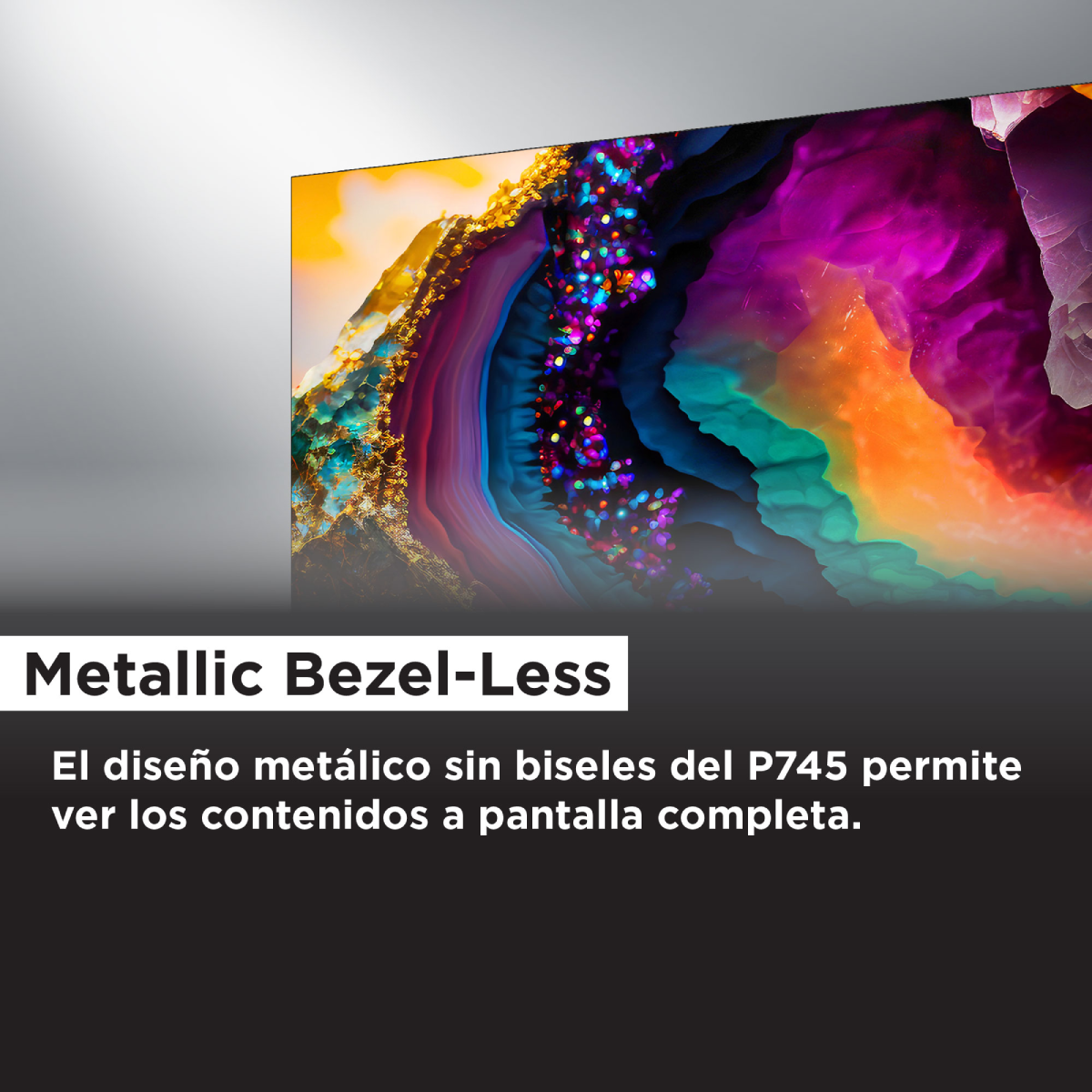 Una pantalla de TV con una exhibición de arte abstracto, con texto en la parte inferior.