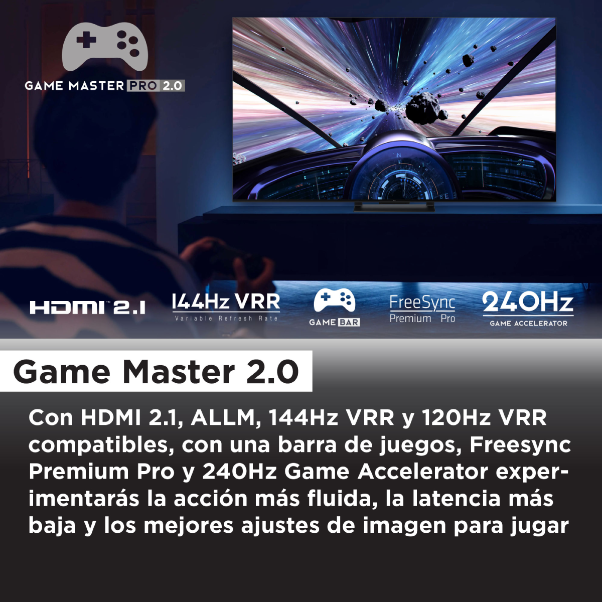 Una pantalla con texto y un mando de juegos.