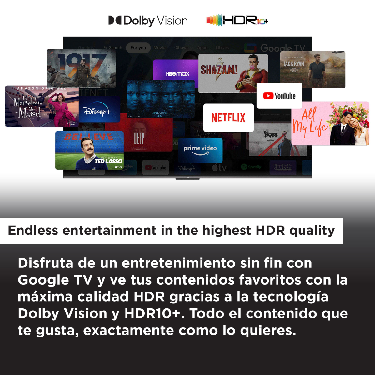 Pantalla de televisión mostrando logotipos de servicios de transmisión y texto sobre la calidad HDR.