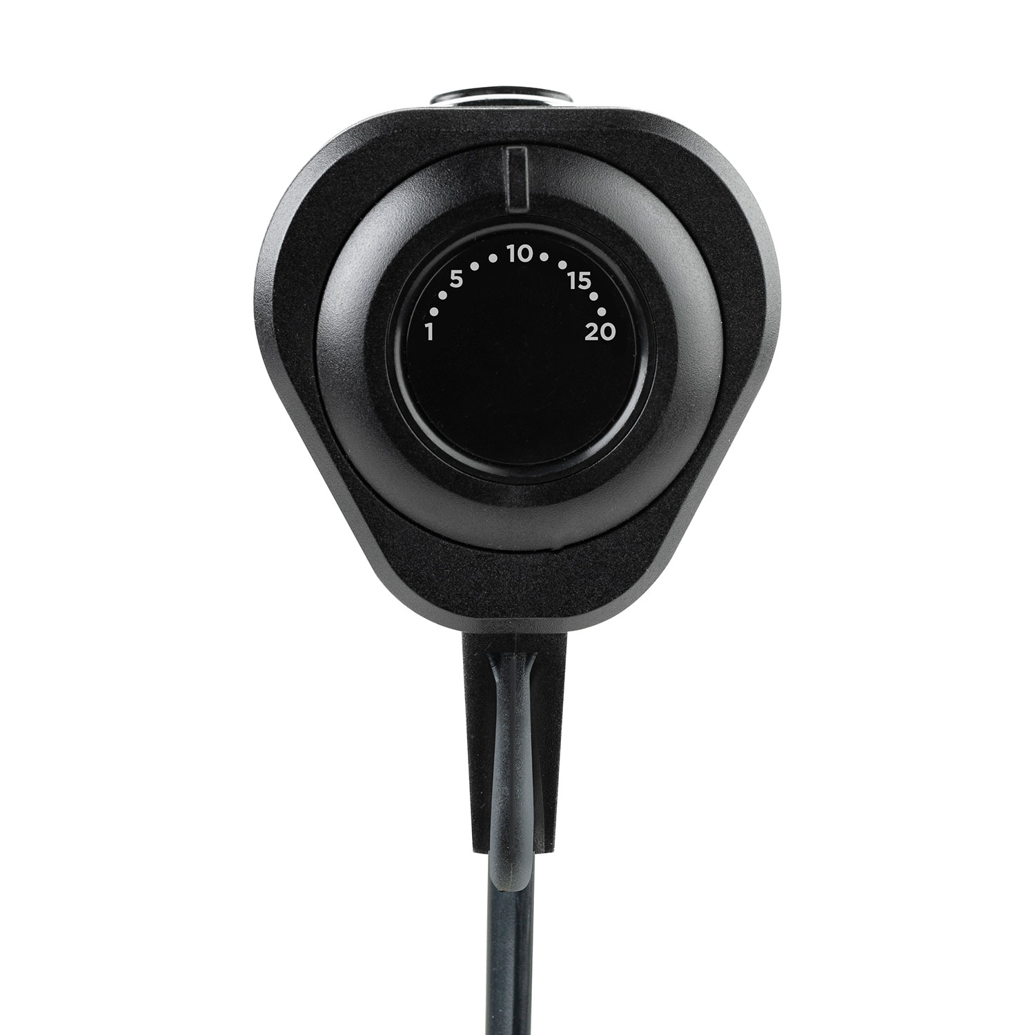 Una perilla de control negra con números del 1 al 20 y un cable negro.
