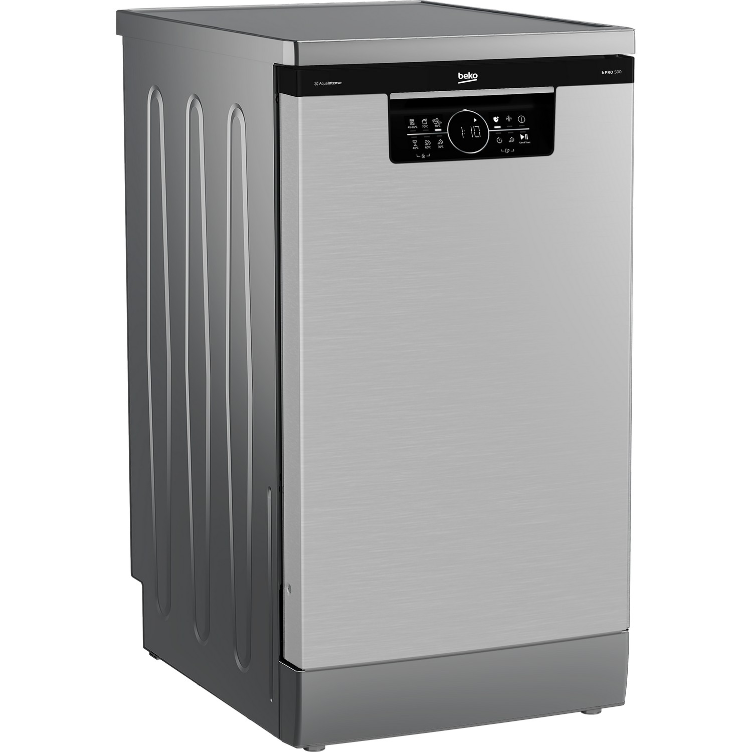 A stainless steel Beko dishwasher. It has a digital control panel. White background.