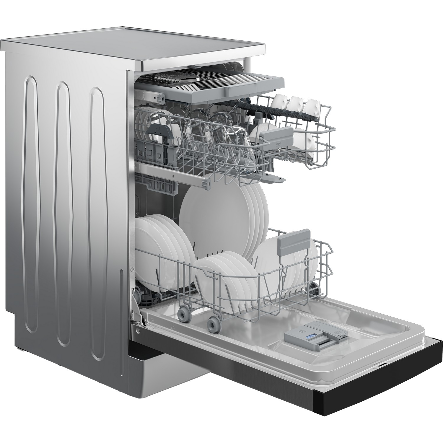 A stainless steel dishwasher with open door, displaying dishes, glasses, and silverware.