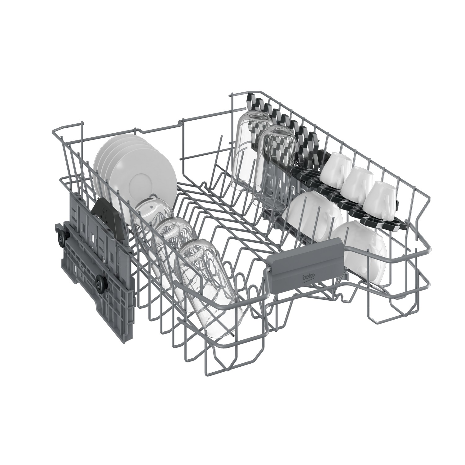 A dishwasher basket with plates, glasses, and cups. The basket is empty.