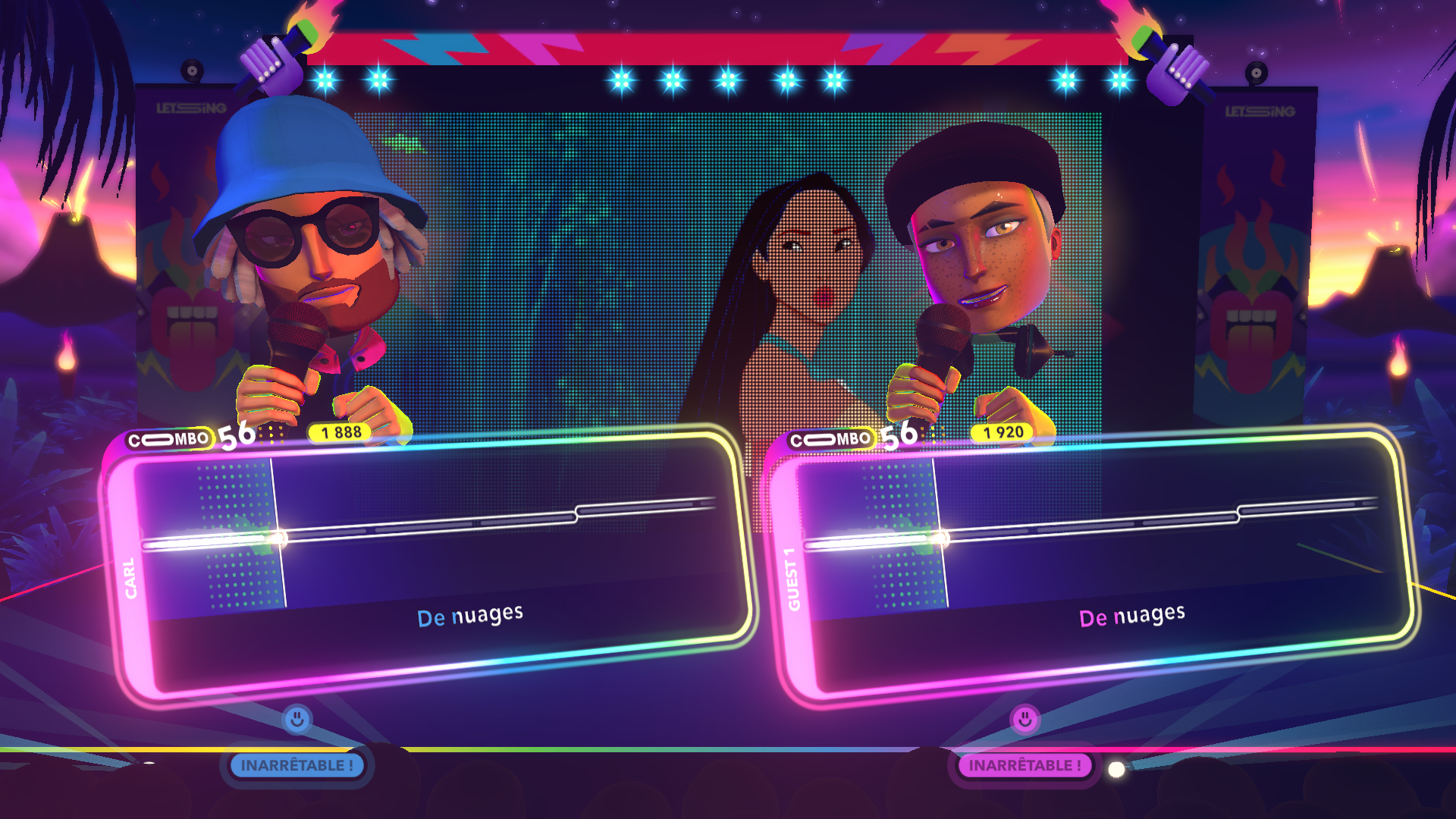 Capture d'écran d'un jeu de karaoké avec des personnages animés et les paroles des chansons affichées.