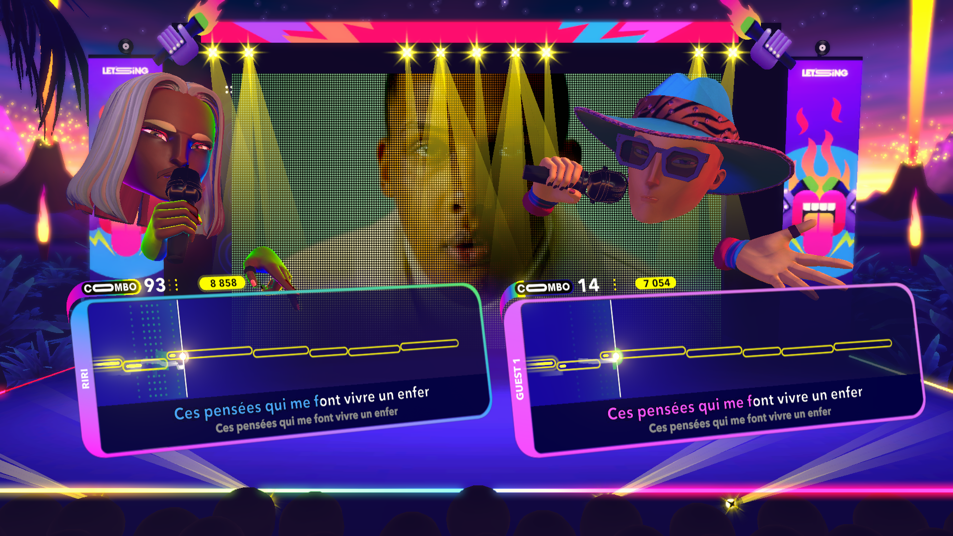 Un jeu de karaoké avec deux chanteurs animés sur scène, avec des paroles en bas.