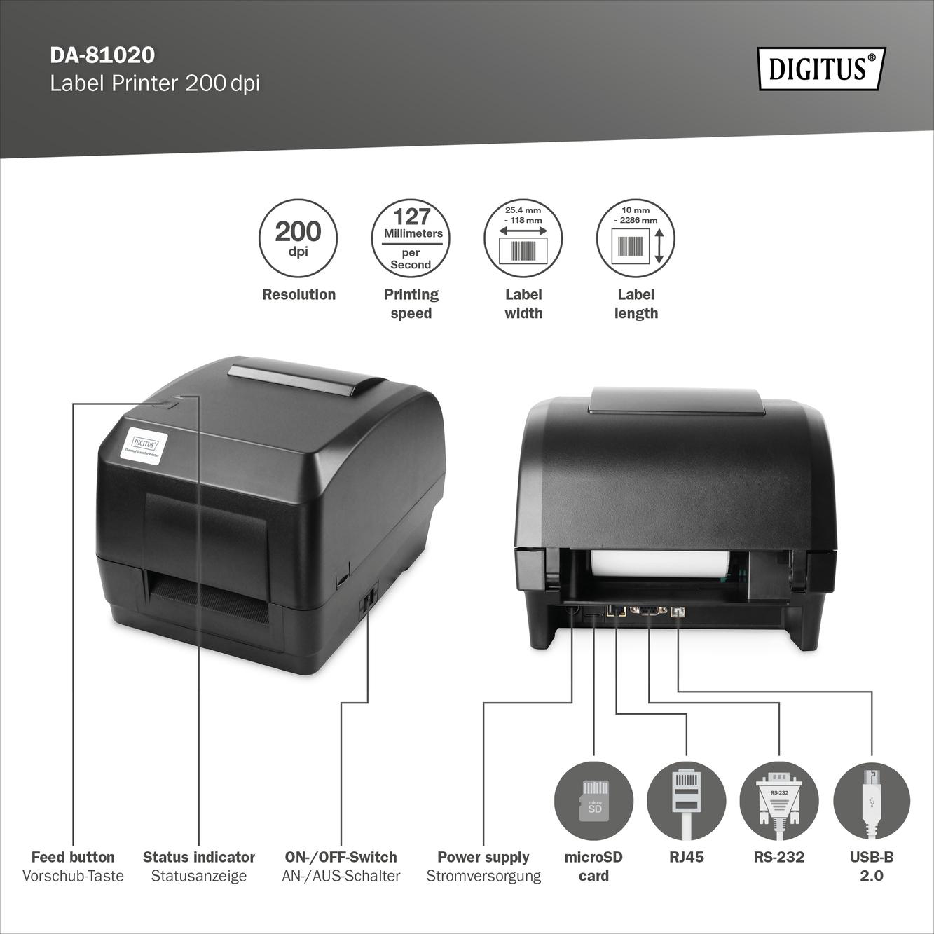 dpi Thermotransfer, Thermodirekt 200 Etikettendrucker DIGITUS