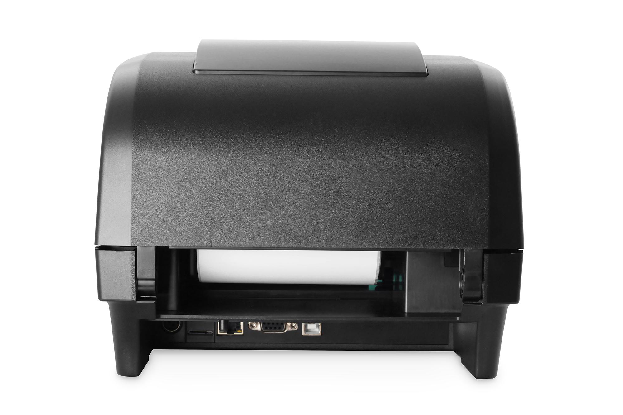 Ein schwarzer Drucker, von hinten gesehen. Er hat einen Papierauswurf und mehrere Anschlüsse.