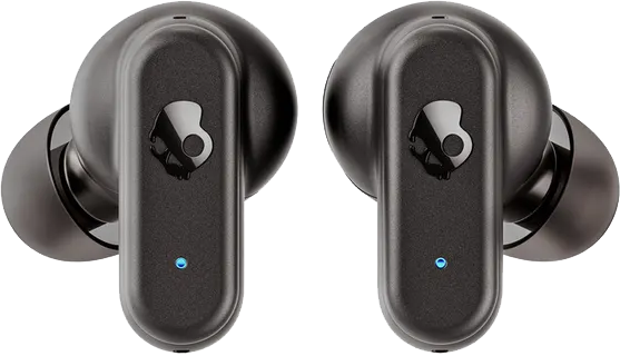 Két fekete Skullcandy fülhallgató. Mindegyiken egy logó és egy kék fény látható.