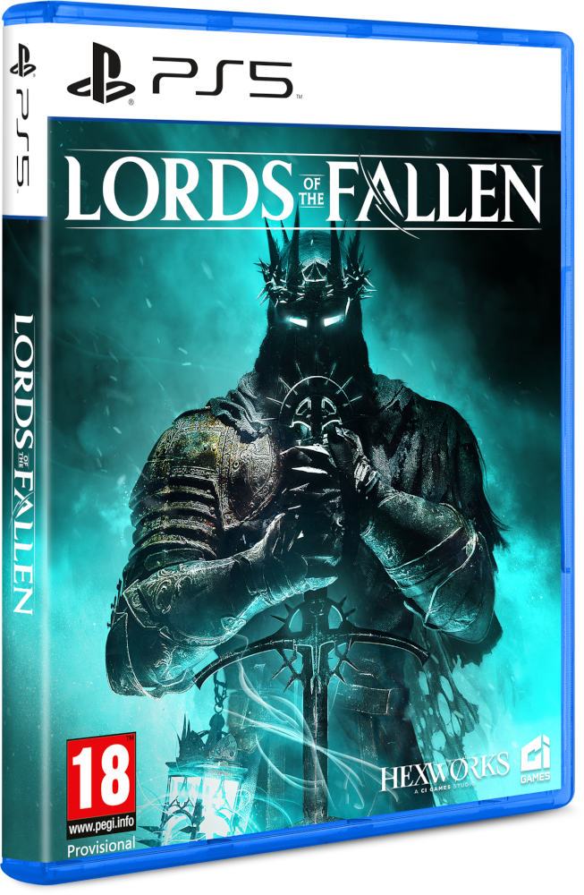 PS5-Spielbox für Lords of the Fallen, mit Krieger in Rüstung auf blauem Hintergrund.
