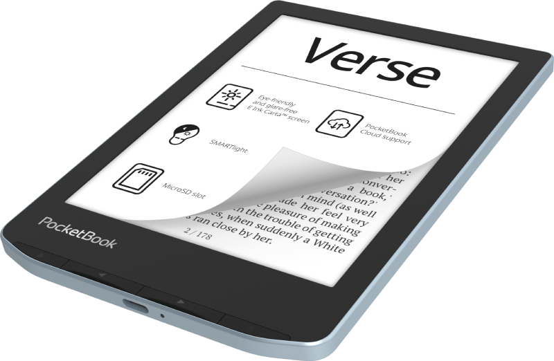 PocketBook Verse e-olvasó. Fekete-szürke, behajtott oldallal, szöveggel.