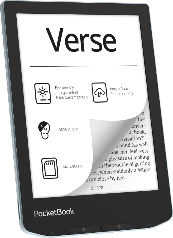 Fekete 'Verse' e-reader funkciókkal. Képernyő szöveget és ikonokat mutat, lapozással.