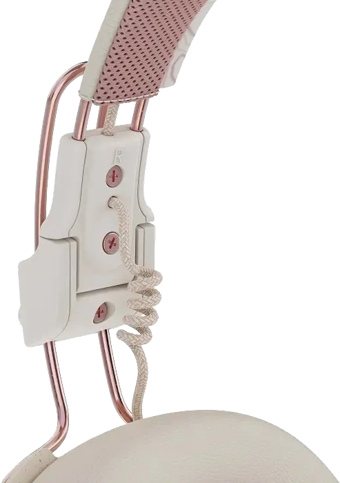Fehér és rózsaszín headset közelképe. A jobb oldalt mutatja, kábelcsatlakozással.
