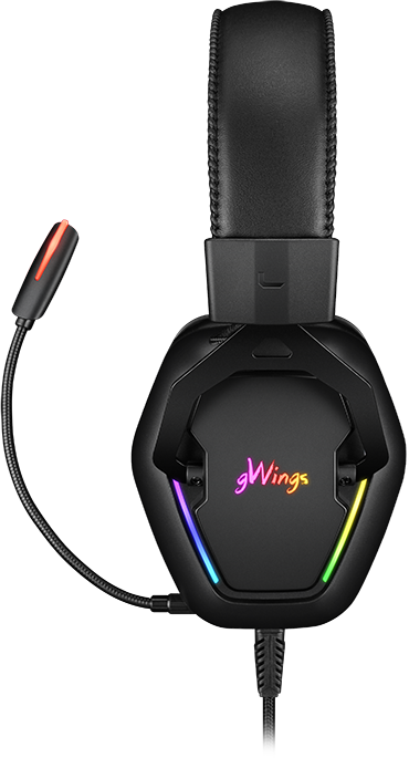 Fekete gamer headset színes fényekkel, mikrofonnal és gWings márkával.