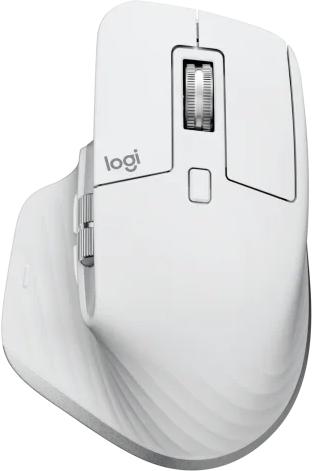 Fehér Logitech egér ezüst görgővel és oldalsó gombokkal.