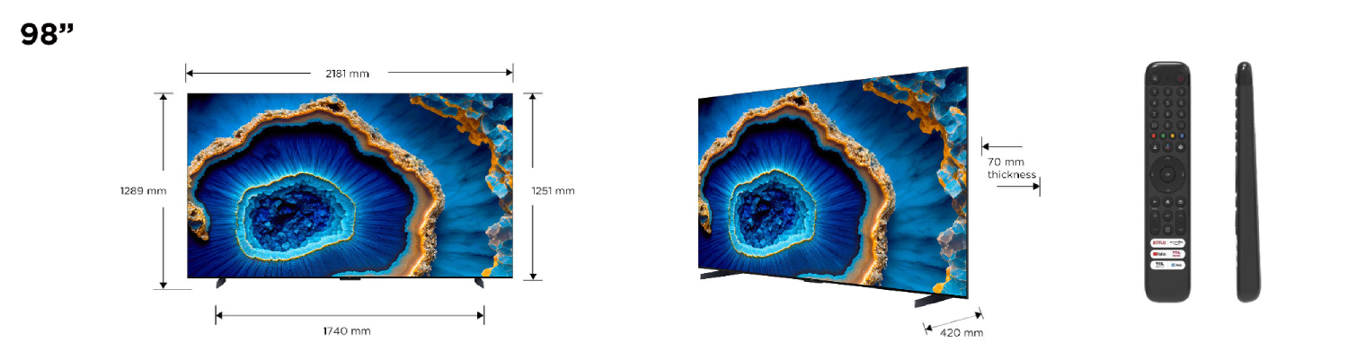 TV de 98" con diseño azul y dorado, dimensiones mostradas. Mando a distancia a la derecha.