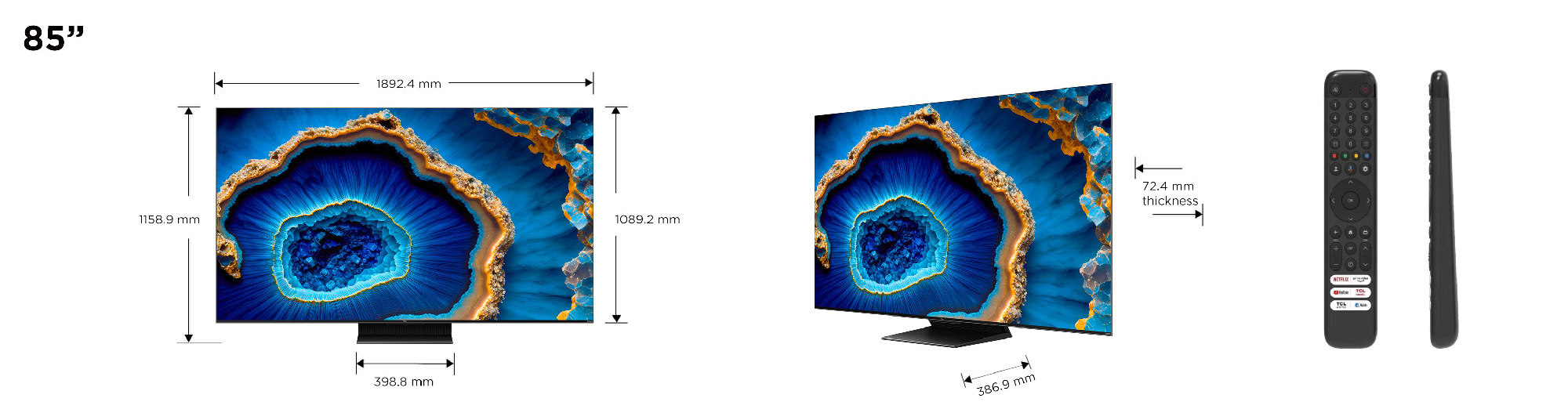 Un televisor de 85" con dimensiones y un mando a distancia, presentado sobre fondo blanco.