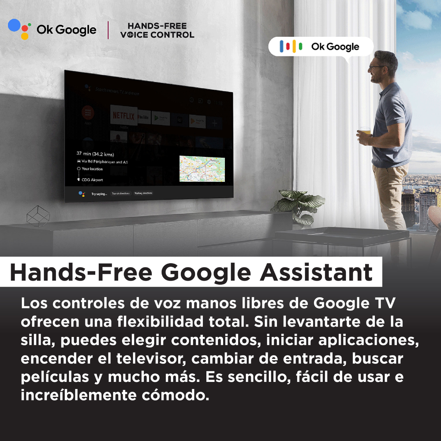 Un televisor inteligente que muestra Netflix, con un hombre en el fondo mirando el televisor con una taza.