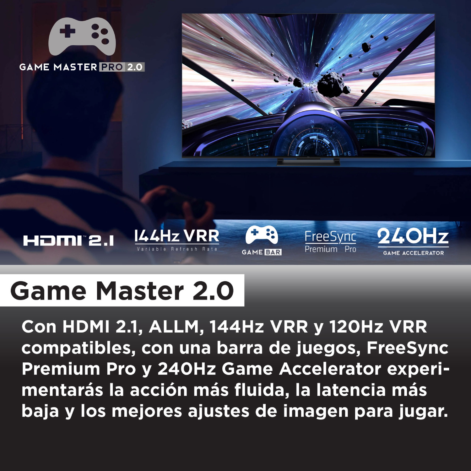 Pantalla de TV con gráficos de juego y texto sobre HDMI 2.1, VRR y FreeSync.