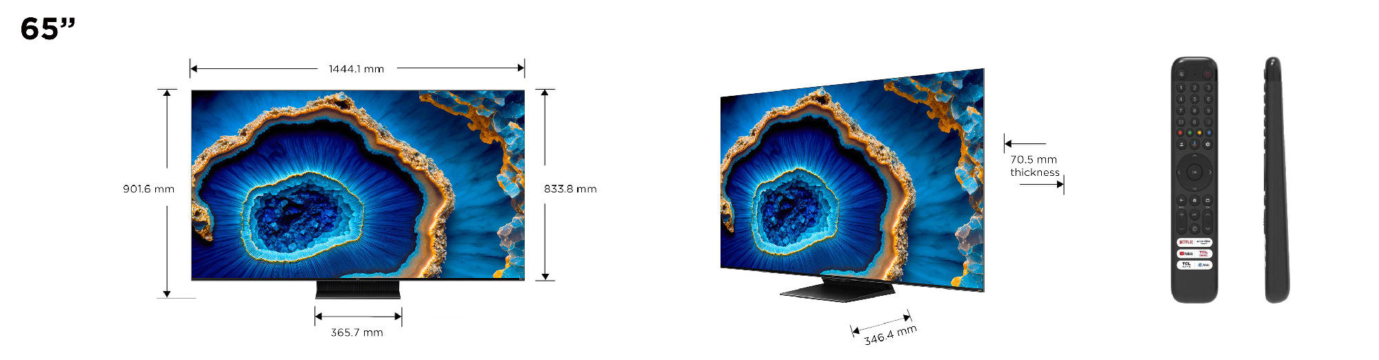 Dos vistas de un televisor de 65" con dimensiones y un control remoto sobre un fondo blanco.