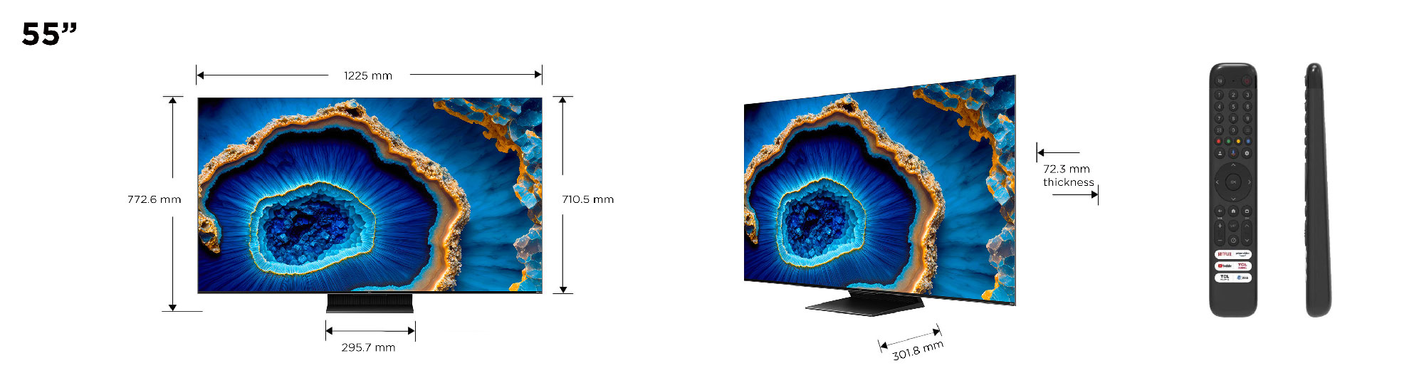 TV de 55 pulgadas con dimensiones y mando a distancia. La pantalla muestra una imagen abstracta azul y dorada.