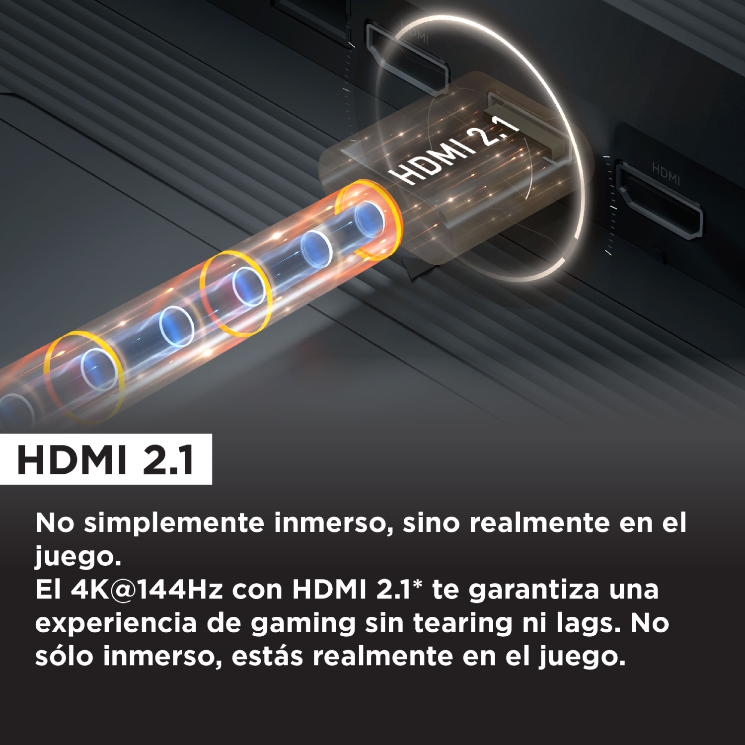 Cable HDMI 2.1 con conector transparente. Superposición de texto: HDMI 2.1. Contexto de juegos.