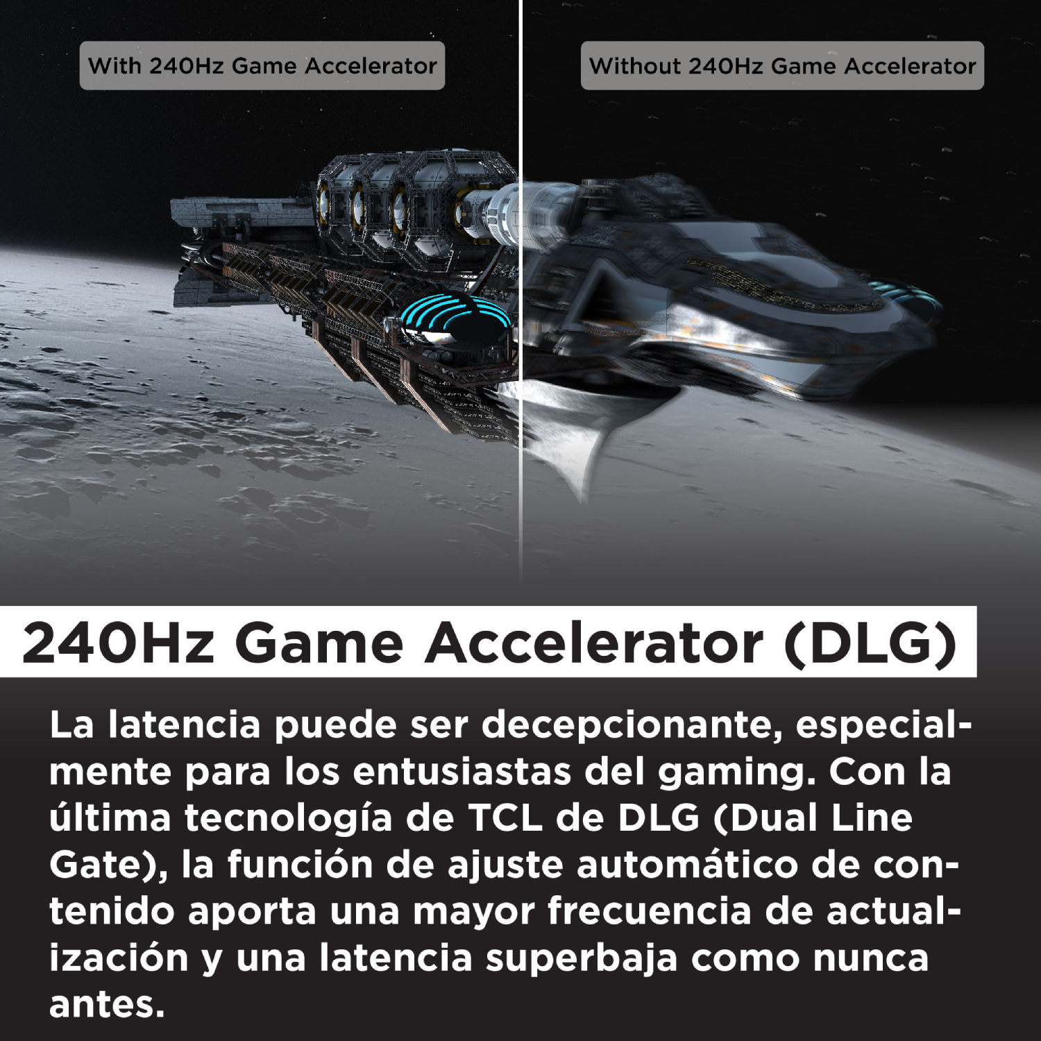 Comparación de una nave espacial en dos escenas, con y sin acelerador de juego.