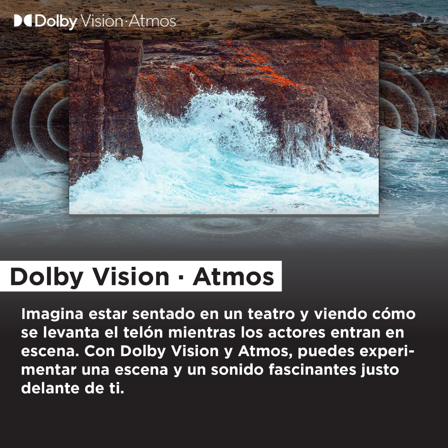Imagen de olas del océano rompiendo contra rocas, con el logotipo de Dolby Vision Atmos.