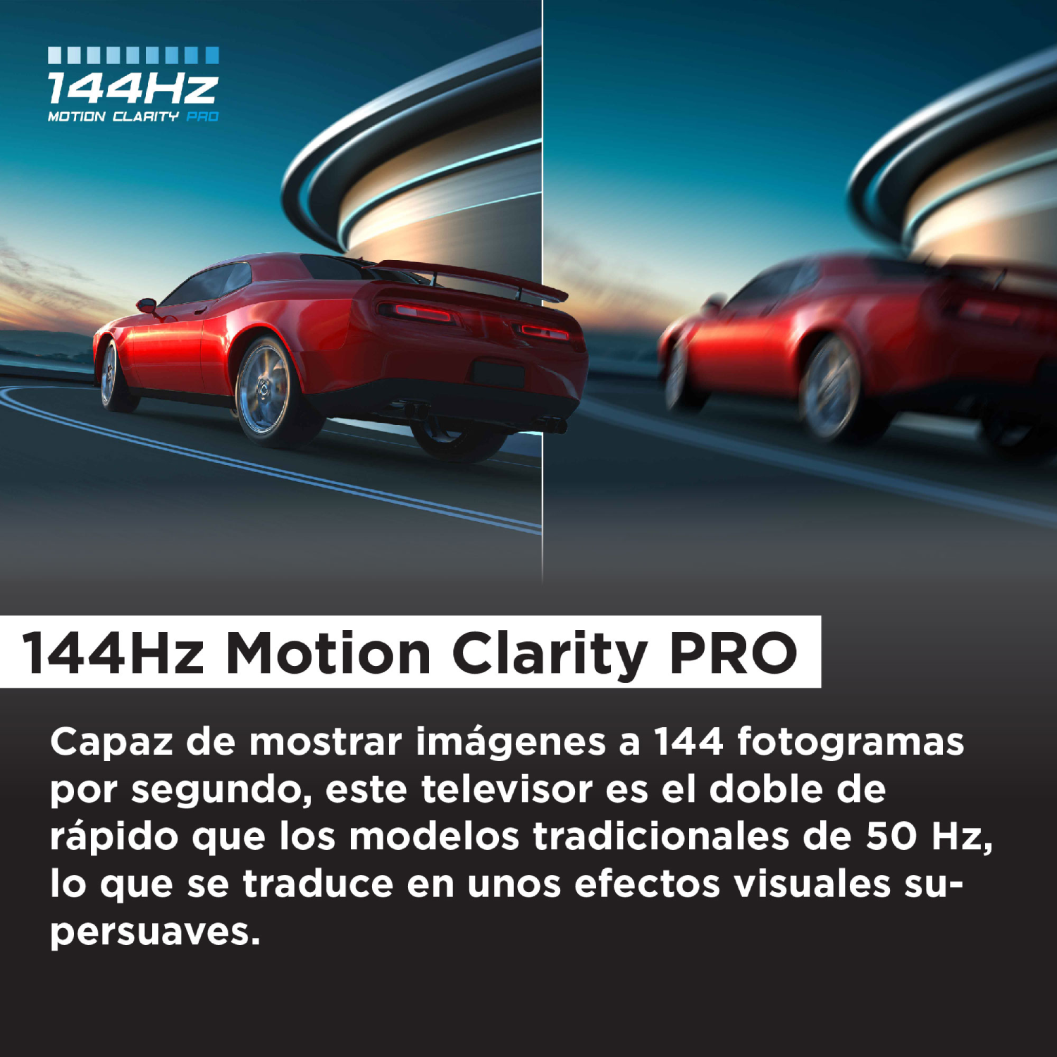 Coche rojo en carretera, efecto de desenfoque de movimiento. Texto y gráficos sobre claridad de movimiento 144Hz.