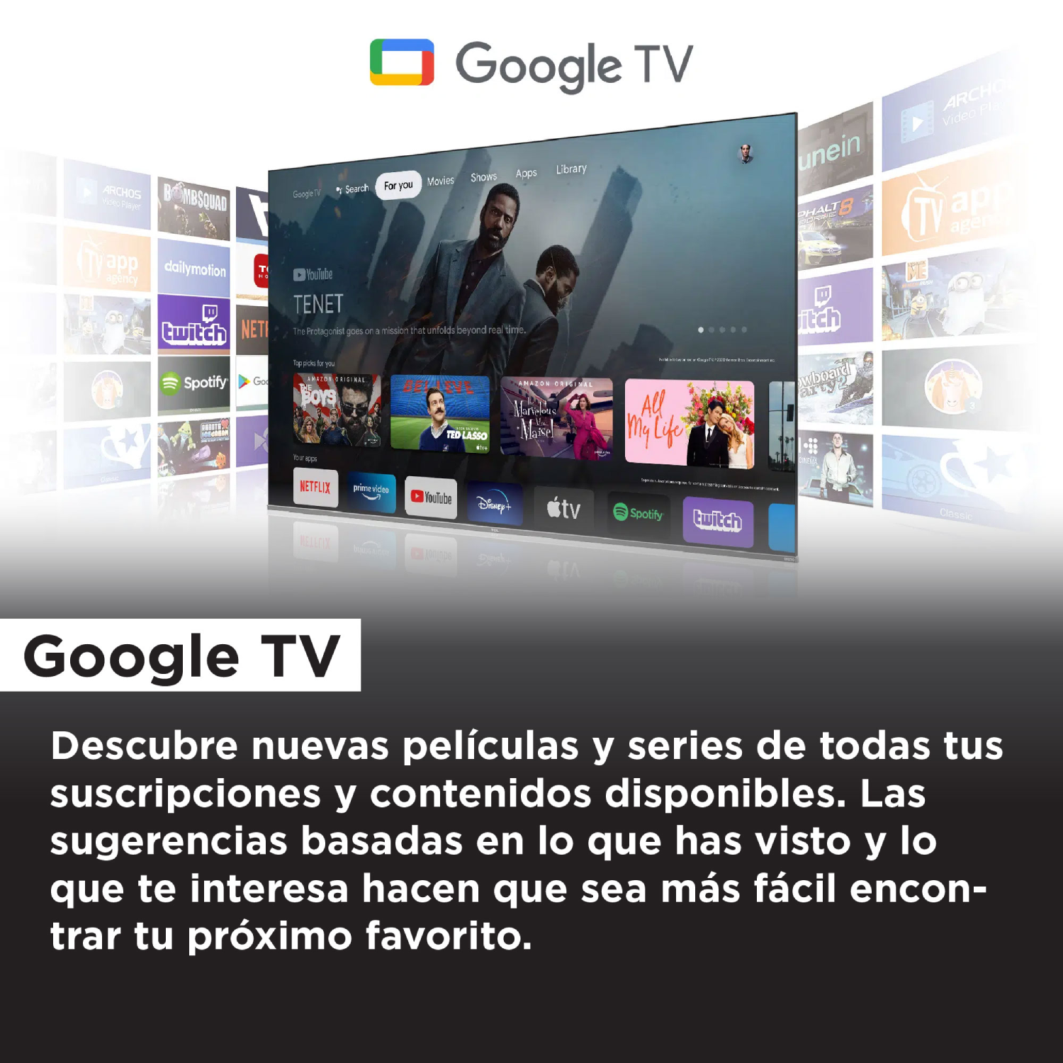 Google TV en pantalla mostrando películas y apps, texto promociona contenido nuevo.