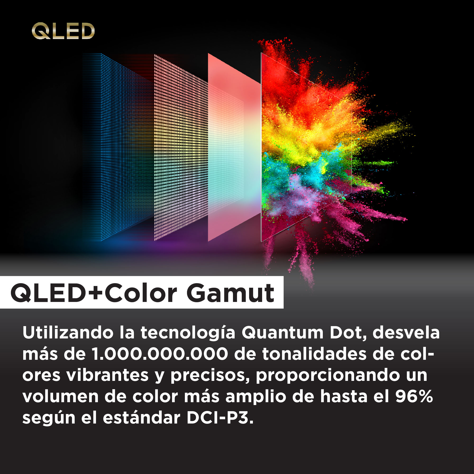 Pantalla QLED con partículas de colores explotando desde la pantalla.