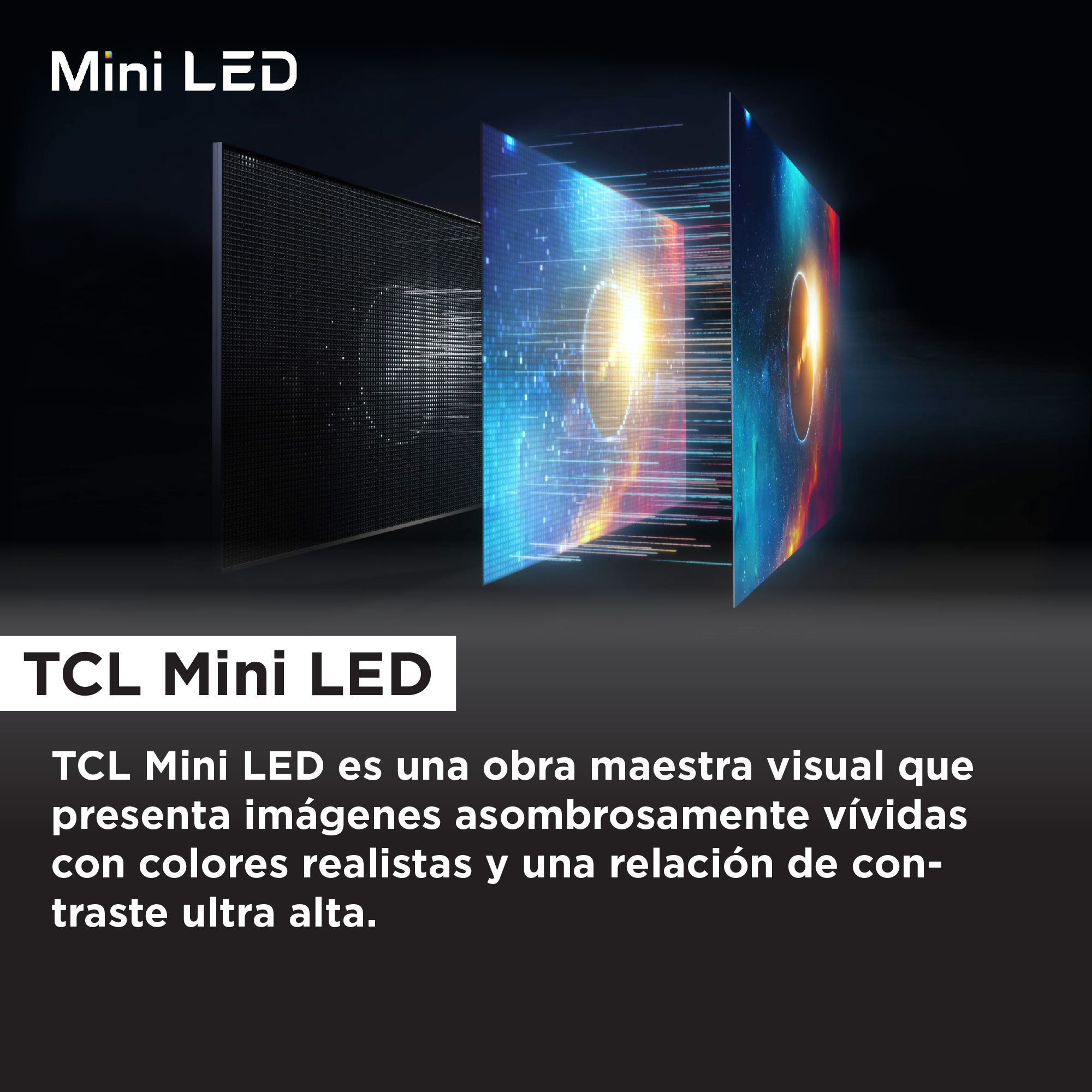 Imagen que muestra una pantalla Mini LED con sus capas y texto sobre la tecnología TCL Mini LED.
