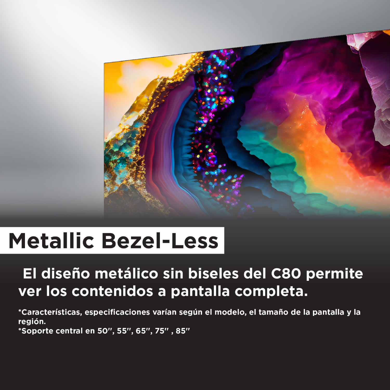 Una pantalla que muestra una obra de arte abstracta y colorida con un diseño metálico sin bisel.